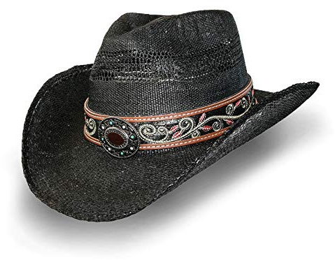 Stars und Stripes Damen Strohhut Westernhut Cowboyhut Sonnenhut Damen »Brenda« Schwarz Gr.57/58