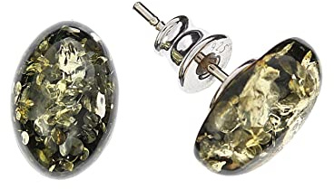 Bernstein Ohrringe, ovale grüne Ohrstecker aus Bernstein und 925/000 Sterling Silber rhodiniert von Artisana-Schmuck