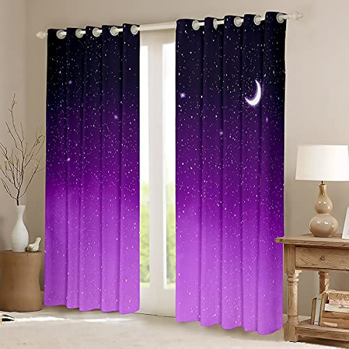 Loussiesd Lila Galaxie Fenstervorhang 175x140cm Stern Mond Bedrucktes Blickdichte Vorhänge Weltraum Daunendecke für Teenager Kinder Mädchen Jungen Galaxis Vorhänge Mikrofaser