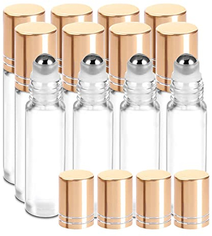 JamHooDirect 10ml Essential Oils Roller Bottles, Empty Refillable Transparent Glass Roll on Bottles with 1 Opener & 1 Dropper, Perfect for Aromatherapy, Fragrance, Perfume (12Pcs)