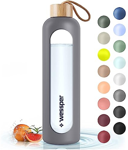 Wessper Botella de Cristal, Botella Agua Motivacional, Con Marcas de Tiempo, Vidrio de borosilicato Con Tapa de Bambú, Sin Fugas, para Deporte, Camping, para Niños y Adultos 1L – Gris