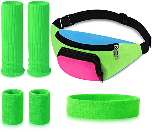 Xuniea 6 Pcs 80s 90s Workout Costumes Neon Leg Warmers Headband Wristbands Fanny Pack for 80s 90s Theme Carnival Party(Green)