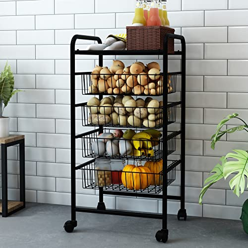 [en.casa] Carro de Servicio de 5 Niveles Carrito de Cocina con 4 Cestas 1 Estante de Rejilla Estantería Rodante Multiuso Metal 87 x 41 x 32 cm Negro