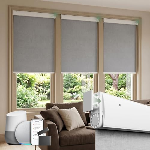 DONGFXK Motorized Blinds with Remote, Blackout No Drill Cordless Smart Roller Shades, Automatic Blinds for Windows, Grey,30 W x 72 H