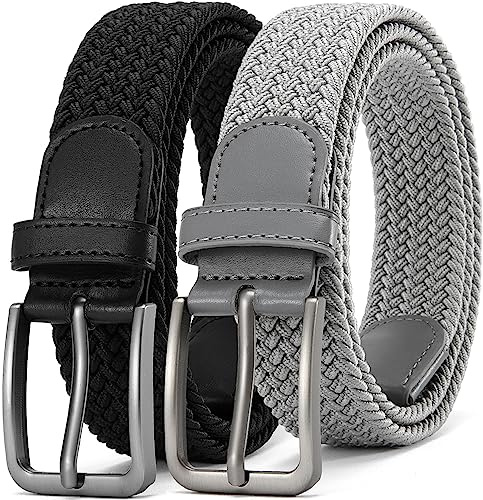 DOOPAI Elastic Braided Belt for Men 2 Pack, Stretch Woven Belt, casual Fabric Golf Belt, Black and Grey Belts Tight Performed Stretch Design Width 1 3/8 for golf pants jeans, Gift Box