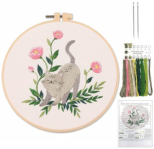 Kit de Démarrage de Broderie, Broderie Starter kit motif de fleur de chat pour débutants kit broderie point de croix ensemble de matériel de broderie artisanale cousu à la main pour adultes
