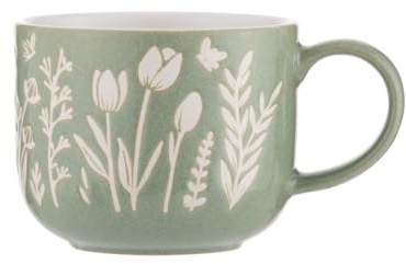 Mason Cash, in The Meadow Set of 4 Tulip Green Stoneware Mugs, 400 ml, Reactive Glaze and Wax Resist Design, Microwave and Dishwasher Safe