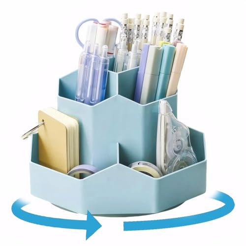 9 Fächer Stiftehalter Große Kapazität, Rotierende Bleistift Box, 360° Drehbarer Stifte Aufbewahrung Multifunktionaler Schreibtisch Organizer, Büro Kosmetik Pinsel Schreibwaren Organizer (Blau)
