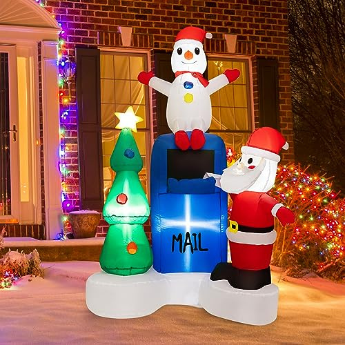 COSTWAY Décoration Gonflable de Noël 185cm avec Lumières LED | Décoration Père Noël Boîte aux Lettres et Bonhomme de Neige avec Sac de Sable pour Fêtes Intérieur/Extérieur