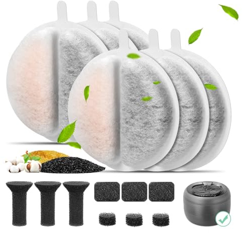 Katzenbrunnen Filter, 6er Pack Ersatzfilter für 2,5L Trinkbrunnen Aktivkohle und Ionenaustauschharz für die Wasserfiltration, Ersatz-Schaumstoff-/Schwammfilter für 84 FL oz/2.5L Katzenbrunnen