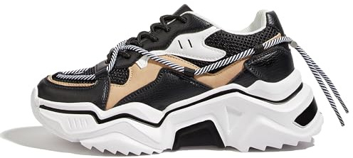 LUCKY STEP Sneakers Donna con Zeppa – Scarpe Chunky Dad retrò, Scarpe Moda con Blocchi di Colore per Tutti i Giorni e Passeggiate (Bianco e Nero, 8US-38EU-5UK)