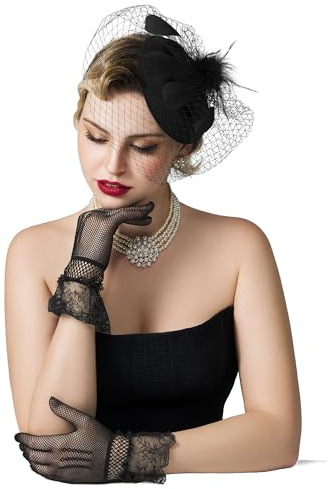 SWEETV Fascinators Pillbox Hats for Women, Tea Party Hat and Short Lace Gloves Set Perfect for Kentucky Fascinator Derby, Cocktail, Wedding, Fancy Dress Party, Black