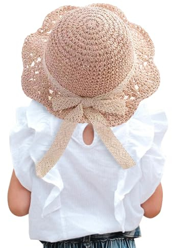 Winmany Cappello Paglia per Bambina Cappello Sole Estivo per Bambini con Fiocco Cappelli Pieghevoli per La Protezione Solare della Spiaggia per 2-6 Anni (IT, Testo, Taglia Unica, Ragazzine, Rosa)