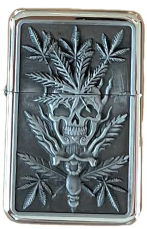 Feuerzeug Sturmfeuerzeug HANF Benzinfeuerzeug Raucherbedarf Chrom Metall (Hanf mit Skull)
