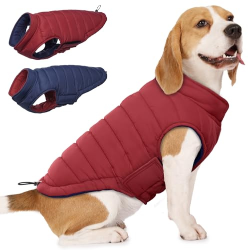 Lelepet Hundemantel Winter Jacke für Große Hunde, Wasserdicht Warmer Hunde Winterjacke, Wendbarer Winddicht Hundejacke mit Klettverschluss, Rot L