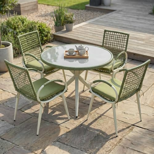 Bravich Rattan Garden Furniture Set 4 Seater Patio Dining Set Outdoor Table and Chairs Garden Table and Chairs with Tempered Glass Top Cushioned Seats Green