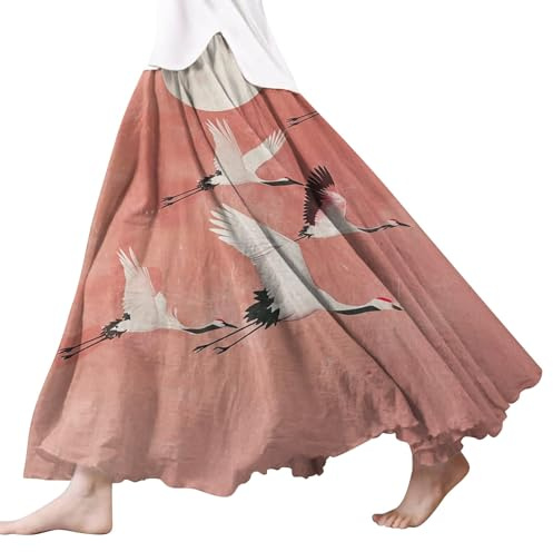 TianWlio Damen Elastische Taille Midirock Bedruckter Retro Langer Rock Baumwolle Leinen Maxirock Bunte Lange Röcke Elegant Partykleid Cocktail Langrock Boho Kleid (Red, L)