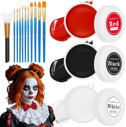 Pinturas Corporales Blanco Negro Rojo con 11 Pinceles,Pintacaras Maquillaje Halloween de Payaso,SFX Maquillaje Halloween Profesional para Fiesta de Halloween,Resistente al Agua