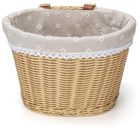 CXWXC Bike Basket - Front Bicycle Bike Basket for Girls Women - Handmade Woven Wicker Bike Baskets with Liner Detachable, Adjustable PU Straps (Beige)