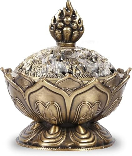 Outbit Räucherschale Lotus Räucherstäbchenhalter, Räuchergefäß, Vintage Rückfluss Salbei Weihrauchbrenner mit Deckel Duftkegelhalter für Räucherpulver, Heim und Büro Dekoration(Bronze)