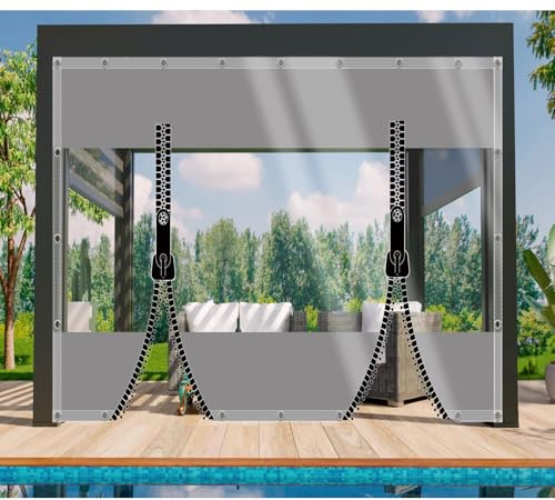 DGSFES Transparent Plane Abdeckplane mit ösen 2,1mx3,4m,0.5mm Terrassenplane Transparente Seitenplane mit 2 ReißVerschluss Zeltplane Wasserdicht für Balko Regenschutz Garten