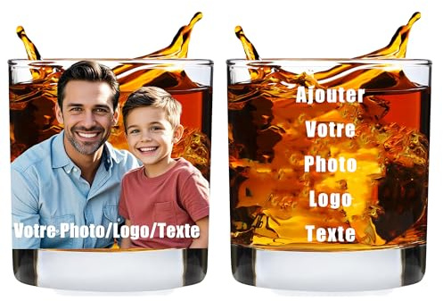 Verre à Whisky Personnalisé Prénom, Photo, Logo - Cadeau Homme Anniversaire, Fête des Grand-Pères, Fête des Pères, Noël