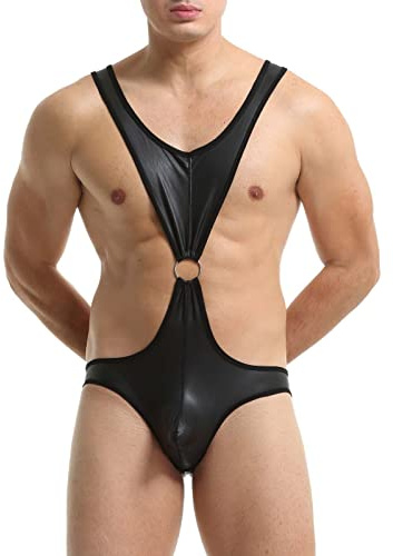 Rrongwn Sexy Herren Overall Tangas Unterhemden Pu Leder Suspensorium Bodysuit Sissy Dessous Wrestling Singlet Trikot Sexy Gay Unterwäsche Valentinstag Kleidung