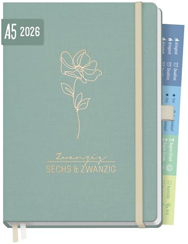 Häfft® Chäff-Timer Premium Kalender 2026 A5 mit Leinen-Einband “Green Canvas” Buchkalender, Terminkalender, Wochenplaner, Wochenkalender 12 Monate: Jan 26 bis Dez 26 - nachhaltig & klimafreundlich