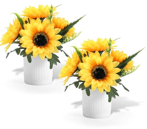 Coferset Sunflower Potted Artificial Flowers Small Fake Plant Yellow Sunflower Small Artificial Plants for Home Office Farmhouse Coffee Table Bathroom Wedding Party Decor(2PCS)
