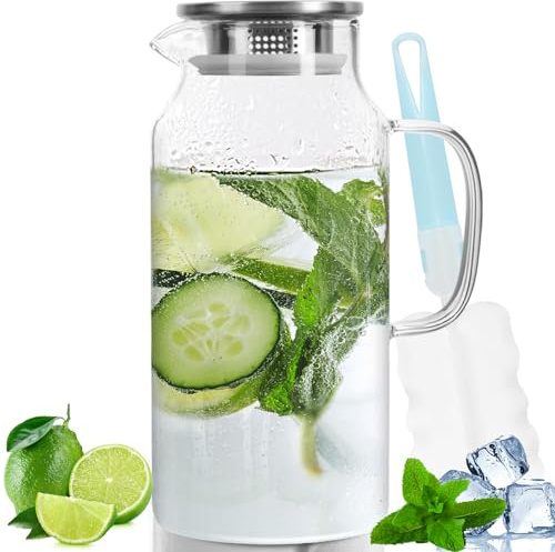 Miudeco Karaffe 2 L, Wasserkrug mit Deckel, für Heißes & Kaltes Wasser | 2 L Glasflasche. Versiegelter Deckel, Auslaufsicher. Inkl. BPA-frei. Reinigungsbürste. Ideal für Zuhause & Büro.