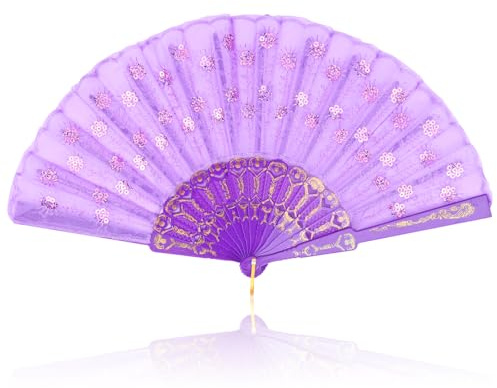 lvzhen Handfächer Faltfächer, Spitze, spanischer Fächer, funkelndes Pfauenmuster, Faltfächer, Kunststoffgewebe, Handfächer für Frauen, geeignet für Hochzeit, Tanz, Geburtstagsfeier (lila)