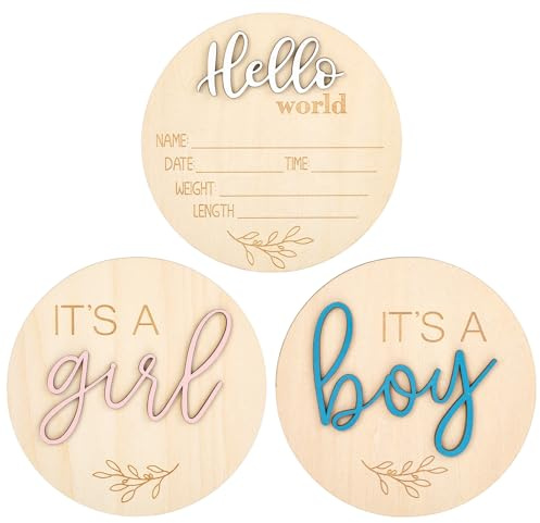 Nogeqi 3 Stück Meilensteinkarten Baby Holz Hallo Welt Baby Schild, Ankündigungsschild Its a Boy/Girl, Hello World Holzschild für Neugeborene, Rund Holz Geburtsanzeige für Schwangere Werdende Eltern