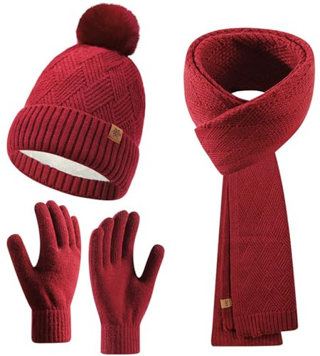 Enwokran Wintermütze Touchscreen Handschuhe Lang Schal Set mit Dick Fleece Gefütterte Thermo Strickmütze Beanie mit Bommel Schals Winterhandschuhe Strickhandschuhe (Rot)