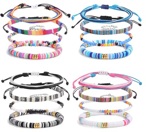Hernin 16StK Surfer Armband Set Damen Herren Armbander Bunt Boho Armband Surferarmbander für Frauen und Herren Stoff Handmade Armbänder Freundschaftsarmband Geflochten (Bunt-A)