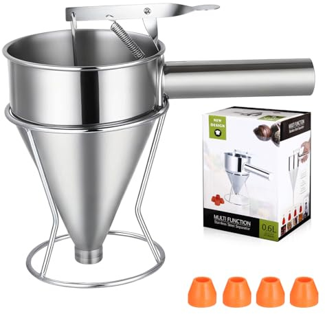 Zaxiva Imbuto Cucina, 600ml Imbuto per Pasticceria da Cucina in Acciaio Inox, Dosatore per Impasti con Supporto e 4 beccucci in silicone per Torte, Frittelle, Dessert, Waffle, Muffin