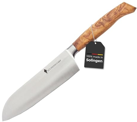 KÜCHENSCHARF Profi Santoku Küchenmesser 16 cm mit Olivenholzgriff - Ergonomisches Kochmesser aus 100% Edelstahl für Profi- und Hobbyköche - ideal für Fleisch, Obst & Gemüse - 100% Made in Germany