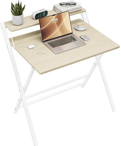 Yaheetech Foldable Desk with Monitor Stand 80 cm | Computer Desk | Small Spaces | 2-Tier Folding Table | Home Office | School | Dormitory | Easy Assembly | Natural Wood