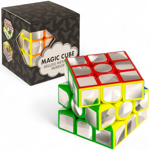 MIJOMA Magic Cube Deluxe – Spiegel-Würfel 3x3 mit metallisch verspiegelter Optik – Zauberwürfel für Erwachsene & Kinder – Logikspiel & Geduldstrainer