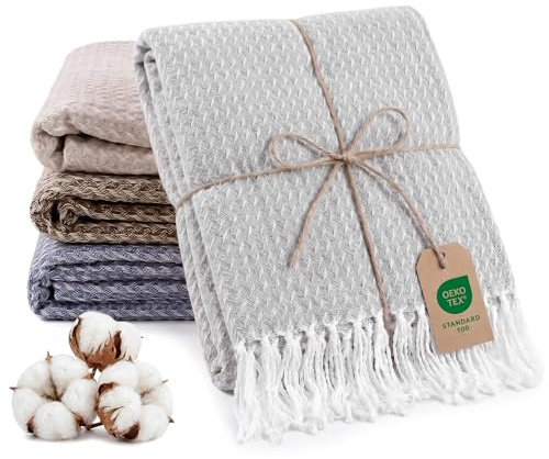 Lanavitta Baumwolle Tagesdecke in 140x200 cm - Atmungsaktive Premium Kuscheldecke - Sommerdecke mit Fransen - Bettüberwurf in Grau - Leichte Baumwolldecke - Oeko TEX 100 Zertifiziert Sofadecke