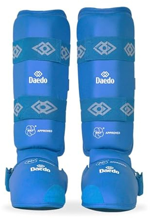 Daedo Shin and Instep Guards WKF Approved – Martial Arts Leg Pads for Karate Taekwondo – Foam Padded Shin Protectors - Blue - L