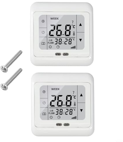 Underfloor Heating Thermostat 230V 16A, Touch Screen Programmable Timer, Built-in & External Sensor, 2 Pack, White/Green Backlight