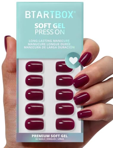 BTArtbox Press On Nails, Blackberry, Short Squoval, Plem Red, 32Ct | 2+ Weeks Wear, Salon-Quality Natural Nails, 10-Minute Easy Daily Application, Fast Removal, 16 Sizes, All-in-One Complete Kit