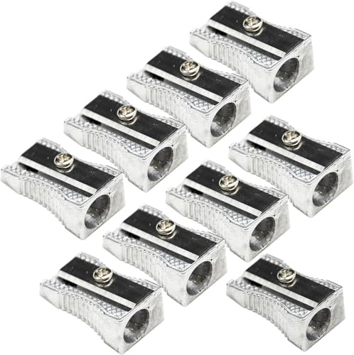 Mini sacapuntas de metal de aleación de aluminio de un solo agujero, sacapuntas de mano para la mayoría de los lápices de tamaño para adultos y niños (9 piezas)