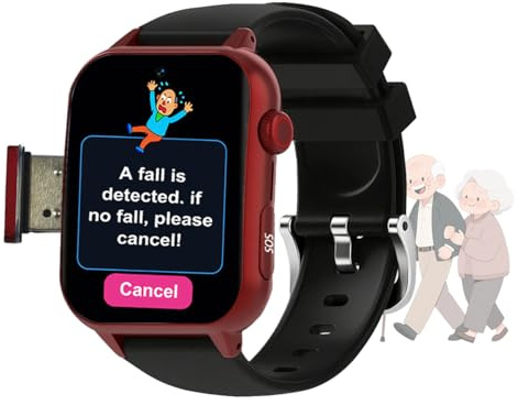 VCYEX Montre Intelligente pour Homme Et Femme, Appareils D'alerte De Chute pour Personnes Âgées, Écran Tactile HD, Appel SOS, Montre pour Seniors/Parents ÂgésRed,1.96 * 1.57 * 0.47 inch