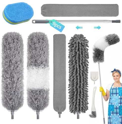 YnewL 9 Stück Staubwedel Teleskop Waschbar, 2,5m StaubwedelLang Ausziehbar, Teleskop Staubwedel Verbiegbare, für Sofa, Betten, Autos, Ecken und Möbeln Spinnenwebenentferner