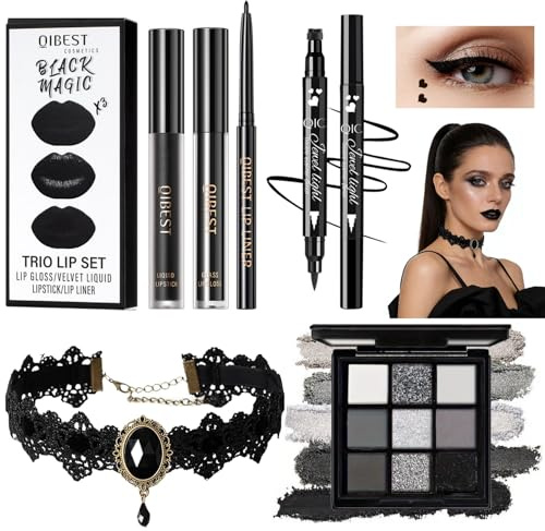 Gothic Makeup Kit,6er Smokey Schminke mit 9 Farbe Lidschatten Palette,Schwarz Matt Lippenstift,Lipliner,Lipgloss,Eyeliner,Halskette,für Karneval Fasching Halloween Mottoparty (Smokey)