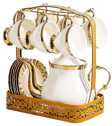 Set di teiera bianca e tazza da tè, elegante set da tè in porcellana per adulti, include 6 tazze, perfetto per gli amanti del caffè e del tè, elegante collezione di teiere e tazze.