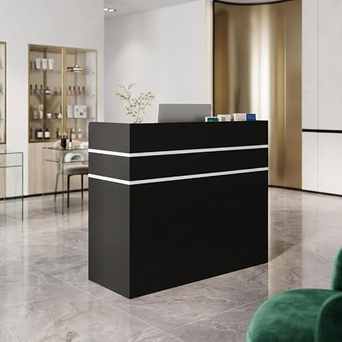 HEMBRY Eindrucksvoller Empfang in Schwarz Profi-Empfangstheke für Nagelstudio & Kosmetiksalon, Rezeption mit DIY-Silberdekor & 3 Schubladen (2X abschließbar), 120 x 48 x 110cm