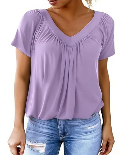 TBLMPNE Maglietta Donna T Shirt Donna Estive T-Shirt Donna con Scollo a V Manica Corta Casual Sciolto di Base Estivo Magliette (IT, Testo, L, Regular, Regular, Viola)