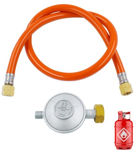 RNPKZ Gasdruckregler 50mbar, Gasschlauch mit Druckminderer, 150 cm Gasschlauch, Schraubanschlüssen 1/4 Links, Gasregler Druckminderer Set, Gas Niederdruckregler für Camping Picknicks Grillpartys